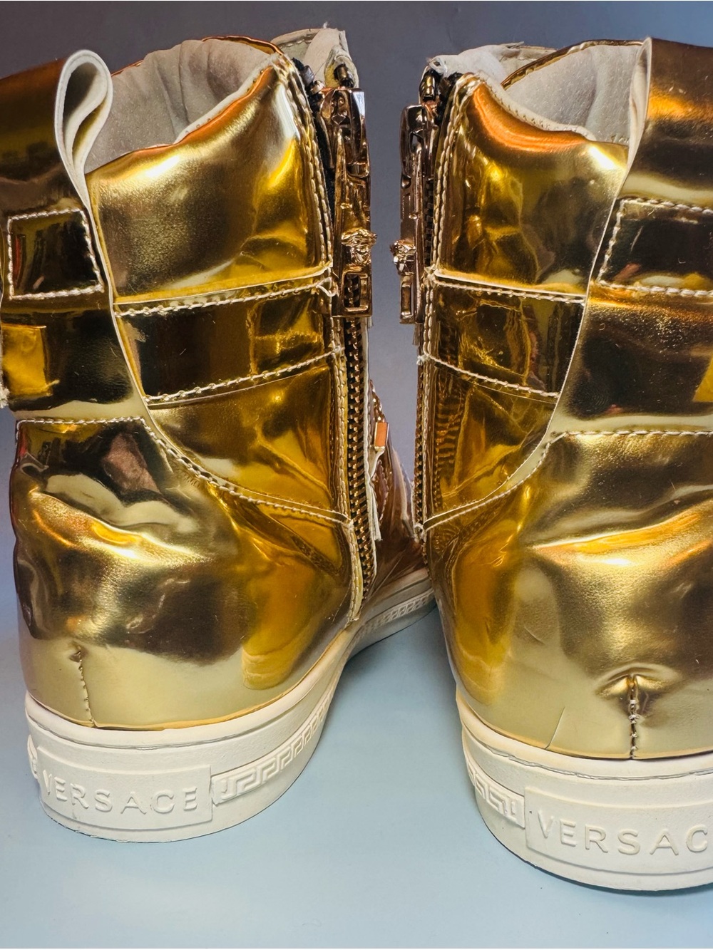 Versace Metallic Gold High-Top Sneakers with Medusa Plaques - Picture 3 of 16